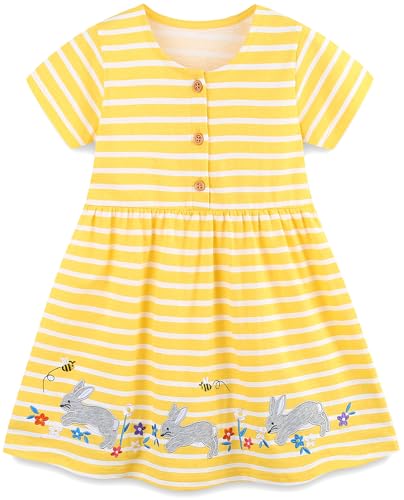Mädchen Kleider Baumwolle Blumen Knöpfe Streifen Kurzarm T-Shirt Casual Frühling Sommer Kleid für Kinder Größe 92-122, 1-7 Jahre (122 6-7 Jahre, Streifen Häschen) von Langubaby