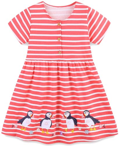 Mädchen Kleider Baumwolle Blumen Knöpfe Streifen Kurzarm T-Shirt Casual Frühling Sommer Kleid für Kinder Größe 92-122, 1-7 Jahre (122 6-7 Jahre, Streifen Pinguin) von Langubaby