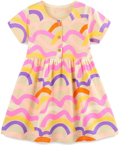 Mädchen Kleider Baumwolle Blumen Knöpfe Streifen Kurzarm T-Shirt Casual Frühling Sommer Kleid für Kinder Größe 92-122, 1-7 Jahre (98 2-3 Jahre, Streifen) von Langubaby