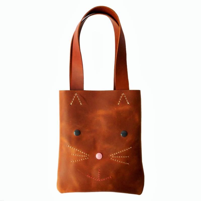 Kleine Leder Tote/Hellbraun Kätzchen Einkaufstasche, Umhängetasche, Tragetasche. Handgefertigt von Lanhe