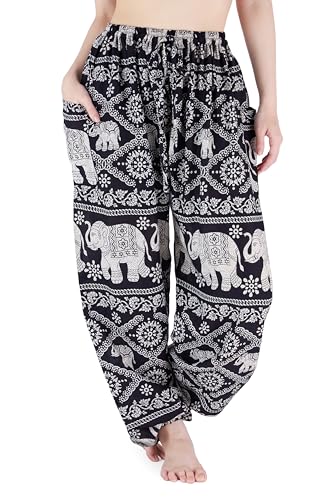 Lannaclothesdesign Haremshose für Damen, Boho-Elefantenhose, hohe Taille, Hippie-Kleidung mit Taschen für Yoga, Schwarzer Elefant, Groß von Lannaclothesdesign