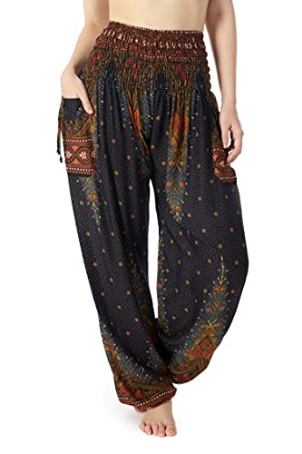 Lannaclothesdesign Damen Gesmokte Taille Boho Flowy Yoga Haremshose Hippie Kleidung, Black Peacock 2, X-Groß von Lannaclothesdesign