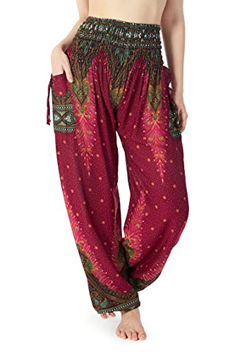 Lannaclothesdesign Damen Gesmokte Taille Boho Flowy Yoga Haremshose Hippie Kleidung, Burgunderroter Pfau 2, X-Groß von Lannaclothesdesign