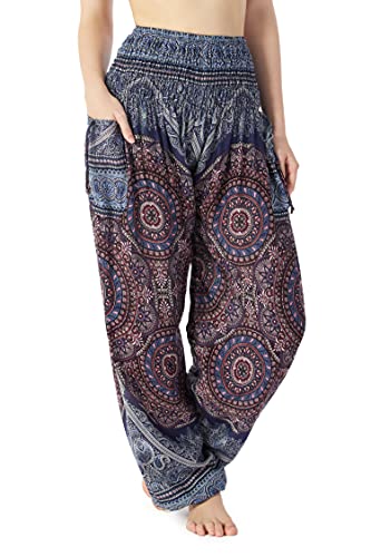 Lannaclothesdesign Damen Gesmokte Taille Boho Flowy Yoga Haremshose Hippie Kleidung, Dunkelblaues Mono-Mandala, Klein von Lannaclothesdesign