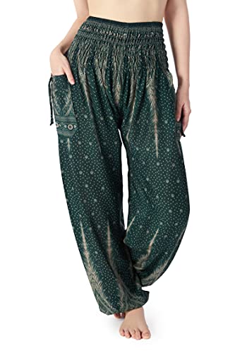 Lannaclothesdesign Damen Gesmokte Taille Boho Flowy Yoga Haremshose Hippie Kleidung, Grüner Pfau, Groß von Lannaclothesdesign