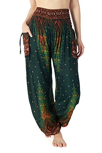 Lannaclothesdesign Damen Gesmokte Taille Boho Flowy Yoga Haremshose Hippie Kleidung, Grüner Pfau 2, XX-Large von Lannaclothesdesign