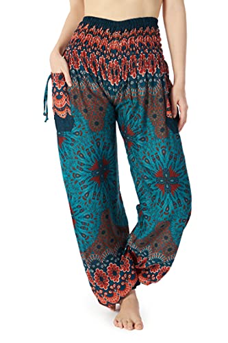 Lannaclothesdesign Damen Gesmokte Taille Boho Flowy Yoga Haremshose Hippie Kleidung, Mandalalalala, Blumendesign, Groß von Lannaclothesdesign