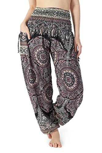 Lannaclothesdesign Damen Gesmokte Taille Boho Flowy Yoga Haremshose Hippie Kleidung, Schwarz-weißes Mono-Mandala, Klein von Lannaclothesdesign