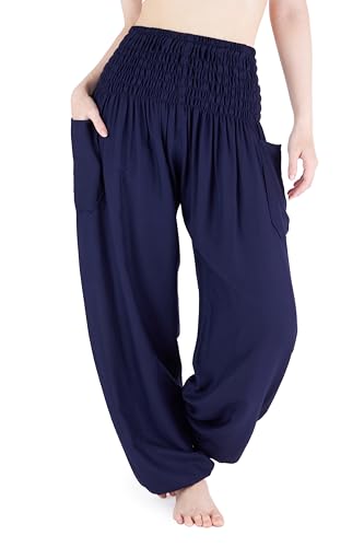 Lannaclothesdesign Damen-Yogahosen im Boho-Stil mit gesmokter Taille, fließend fallend, im Hippie-Look, Dunkelblau, X-Groß von Lannaclothesdesign