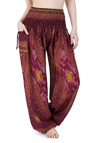 Lannaclothesdesign Damen-Yogahosen im Boho-Stil mit gesmokter Taille, fließend fallend, im Hippie-Look, Burgunder, X-Groß von Lannaclothesdesign