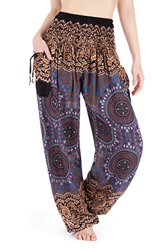 Lannaclothesdesign Damen Yoga-Haremshose mit gesmokter Taille, bedruckt, lockere Passform - Braun - XX-Large von Lannaclothesdesign