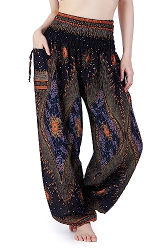 Lannaclothesdesign Damen-Yogahosen im Boho-Stil mit gesmokter Taille, fließend fallend, im Hippie-Look, Schwarz, S von Lannaclothesdesign