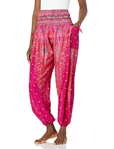 Lannaclothesdesign Haremshose für Damen, gesmokte Taille, Pfauen-Druck, Hippie, Bohemian-Stil - Pink - Klein von Lannaclothesdesign