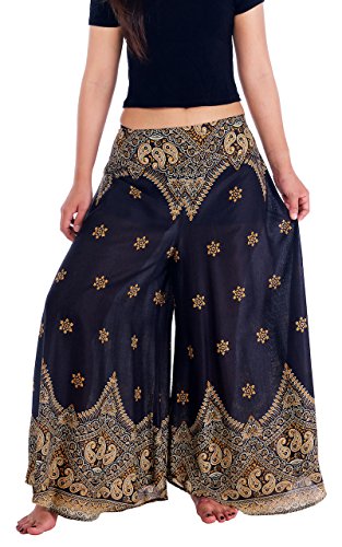 Lannaclothesdesign Palazzo Hose für Damen Weites Bein Boho Harem Yogahose S M L XL Größen, Schwarze Pfauenblume, Groß von Lannaclothesdesign