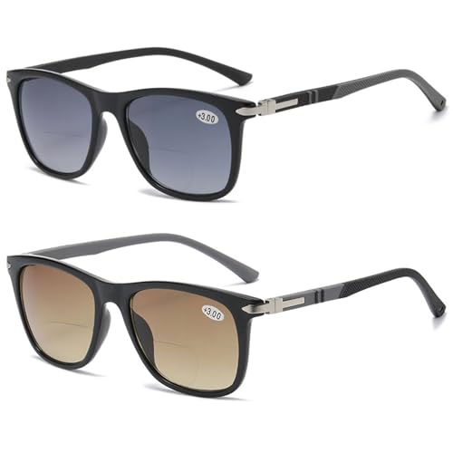 Lanomi Bifokal Lesebrille mit Sonnenschutz Damen Herren Rechteckige UV Schutz Gradient Grau Braun Sonnenbrille mit sehstärke 2 Stück Schwarz Rahmen(Braun+Grau Linse) 2.0 von Lanomi