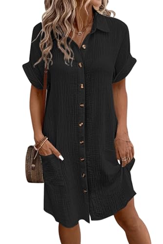 Lanomi Blusenkleid Damen Baumwolle Hemdkleid Kurzarm Einfarbige Knopfverschluss Knielang Shirtkleid Locker Maxikleider mit Taschen Schwarz S von Lanomi