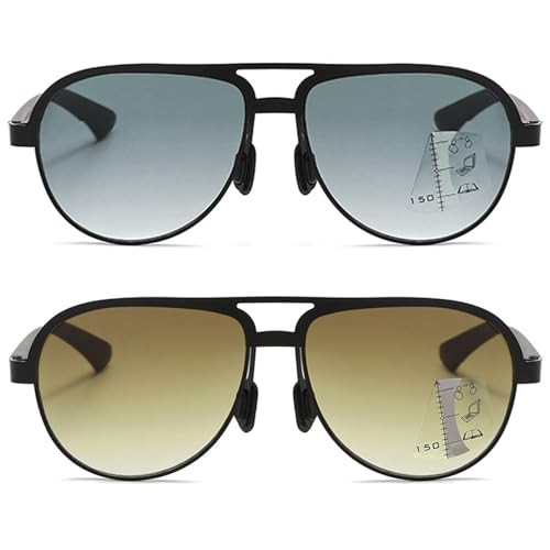 Lanomi Getönte Gleitsichtbrille Damen Herren Progressive Multifokus Lesebrille mit Sonnenschutz UV400-Schutz Metall Sonnen Leser Multifokal Sonnenbrille 2 Stück (Braun Linse und Grau Linse) 1.0 von Lanomi