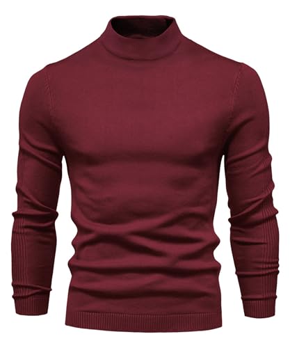 Lanomi Herren Rollkragenshirt Basic Rollkragenpullover Einfarbig Feinstrick Langarmshirt Slim Fit Sweater Halb Kragen Strickpullover Weinrot XL von Lanomi