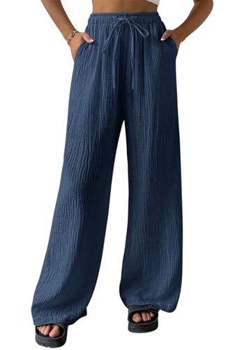 Lanomi Hose Damen Sommer Freizeithose Leicht Casual Sommerhose Lockere Weite Bein Strandhose mit Kordelzug und Taschen Dunkelblau 2XL von Lanomi