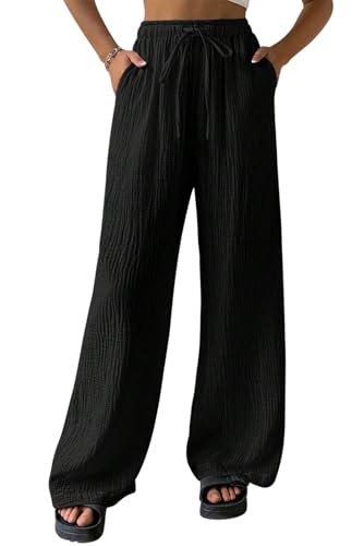 Lanomi Hose Damen Sommer Freizeithose Leicht Casual Sommerhose Lockere Weite Bein Strandhose mit Kordelzug und Taschen Schwarz S von Lanomi