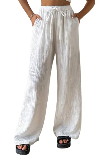 Lanomi Hose Damen Sommer Freizeithose Leicht Casual Sommerhose Lockere Weite Bein Strandhose mit Kordelzug und Taschen Weiß S von Lanomi