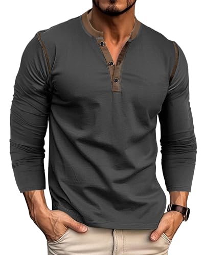 Lanomi Langarmshirt Herren Baumwolle Langarm Henley T Shirt mit Knopfleiste Grau L von Lanomi