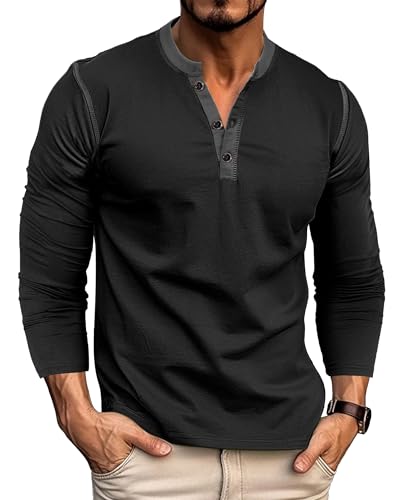 Lanomi Langarmshirt Herren Baumwolle Langarm Henley T Shirt mit Knopfleiste Schwarz L von Lanomi