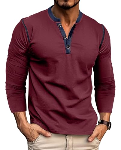Lanomi Langarmshirt Herren Baumwolle Langarm Henley T Shirt mit Knopfleiste Weinrot M von Lanomi