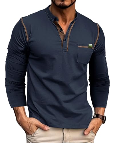 Lanomi Langarmshirt Herren Henley Shirt Langarm Baumwolle Slim Fit Freizeithemd Oberteile Basic Pullover mit Knopfleiste Dunkelblau M von Lanomi