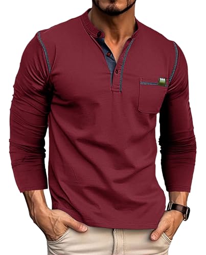 Lanomi Langarmshirt Herren Henley Shirt Langarm Baumwolle Slim Fit Freizeithemd Oberteile Basic Pullover mit Knopfleiste Rot M von Lanomi