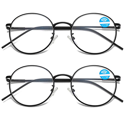 Lanomi Lesebrille Blaulichtfilter Damen Herren Rund Metall Dünner Rahmen Oval Computer Sehhilfe Lesebrille UV400 Schutz Nerd ArbeitBrille 2 Stück Schwarz 2.0 von Lanomi