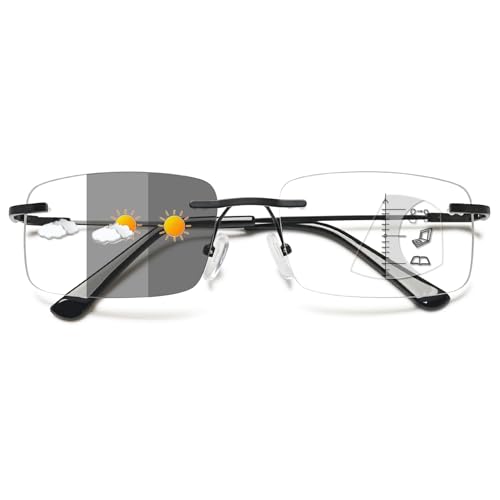 Lanomi Lesebrille Rahmenlose Photochrome Gleitsichtbrille Damen Herren Blaulichtfilter Randlos Intelligenter Selbsttönende Sonnen Lesehilfe Ultraleicht Titan Multifokal Brille Schwarz(Photochrome) 3.0 von Lanomi