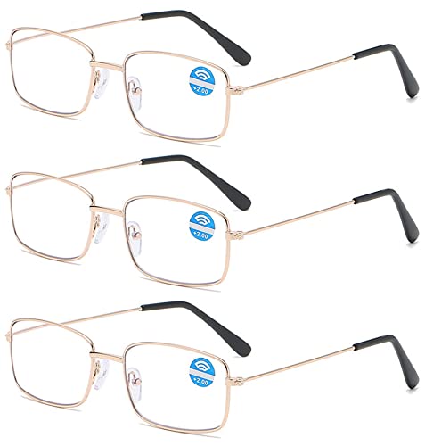 Lanomi Metall Lesebrille Blaulichtfilter Rechteck Dünn Rahmen UV400 Schutz Lesehilfe Sehhilfe Leicht Computer Anti Rays Brillen für Herren und Damen 3 Stück Gold 2.5 von Lanomi