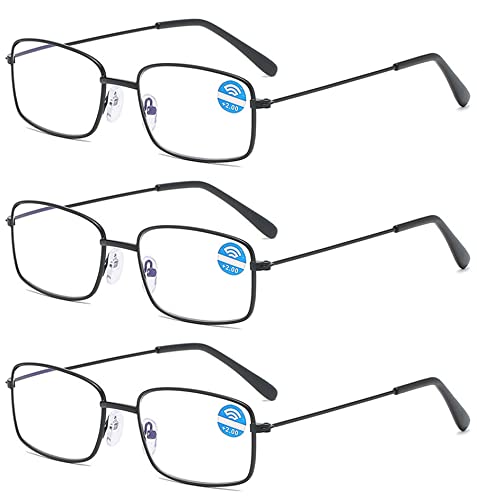 Lanomi Metall Lesebrille Blaulichtfilter Rechteck Dünn Rahmen UV400 Schutz Lesehilfe Sehhilfe Leicht Computer Anti Rays Brillen für Herren und Damen 3 Stück Schwarz 1.5 von Lanomi