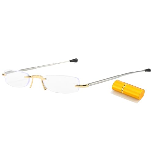 Lanomi Mini Faltbare Lesebrille Herren Damen Klein Kompakte Klappbare Lesehilfe Randlose Blaulichtfilter Sehhilfe aus Edelstahl Brille mit Pocket Etui Gold 3.0 von Lanomi