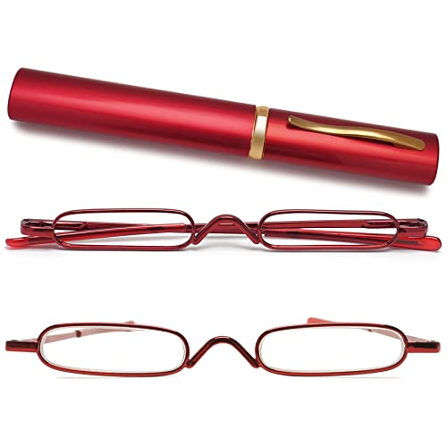 Lanomi Mini Lesebrille Schmal Herrn Damen 1.0 1.25 1.5 1.75 2.0 2.25 2.5 2.75 3.0 3.5 4.0 Leicht Lesehilfe Klein Metall Brille mit Etui(Rot, 3.5) von Lanomi