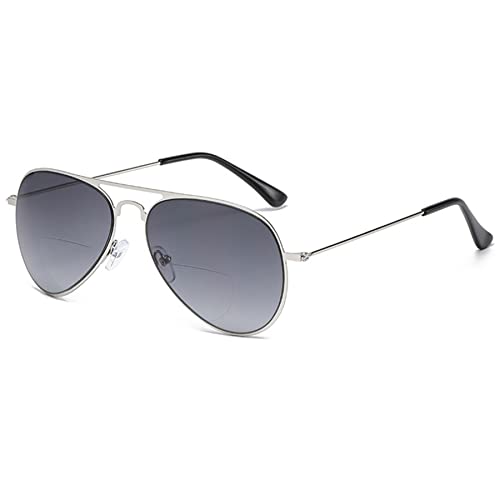Lanomi Pilot Bifokale Lesebrille Herren Damen Metall Blaulichtfilter Lesehilfe UV400 Schutz Sonnenbrille Silber Rahmen Grau Linse 3.0 von Lanomi