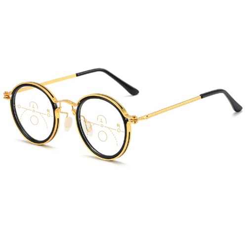 Lanomi Progressive Multifokal Lesebrille Damen Herren Rund Retro Metall Blaulichtfilter Lesehilfe Anti Blaulicht Brillen mit Stärke Gold Schwarz 2.0 von Lanomi