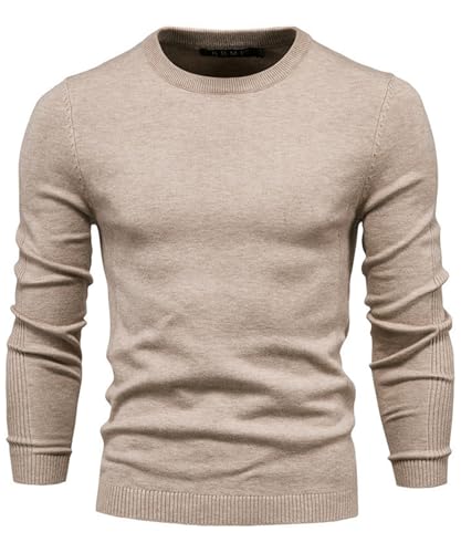 Lanomi Pullover Herren Strickpullover Rundhals Winter Feinstrick Pulli Einfarbig Slim Fit Male Langarm Sweatshirt Khaki M von Lanomi