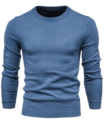 Lanomi Pullover Herren Strickpullover Rundhals Winter Feinstrick Pulli Einfarbig Slim Fit Male Langarm Sweatshirt Nebel Blau S von Lanomi