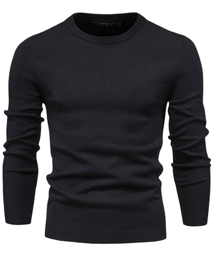Lanomi Pullover Herren Strickpullover Rundhals Winter Feinstrick Pulli Einfarbig Slim Fit Male Langarm Sweatshirt Schwarz L von Lanomi