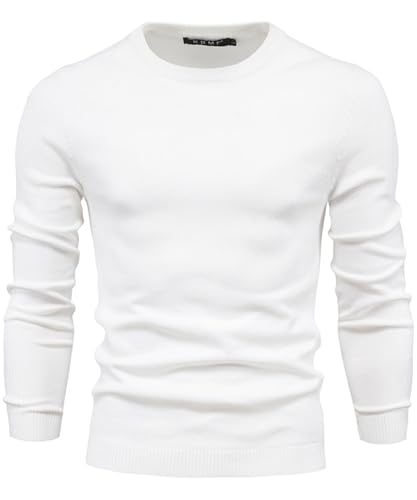 Lanomi Pullover Herren Strickpullover Rundhals Winter Feinstrick Pulli Einfarbig Slim Fit Male Langarm Sweatshirt Weiß S von Lanomi