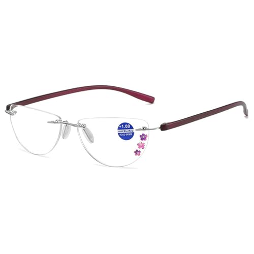 Lanomi Rahmenlose Lesebrille Halbmond Damen TR90 Rahmen Blaulichtfilter Katzenauge Lesehilfe Sehhilfe Lila 2.5 von Lanomi