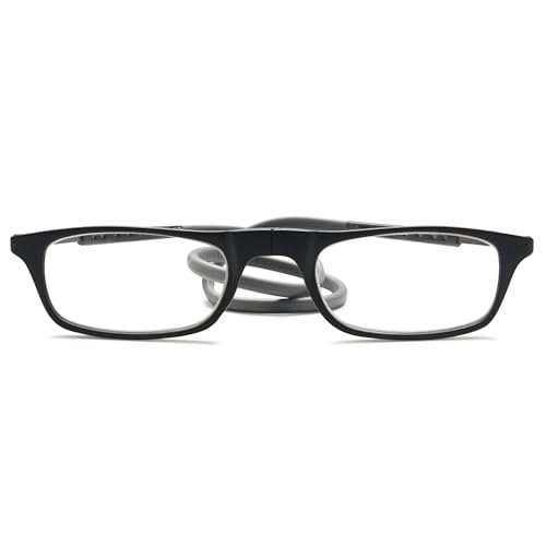 Lanomi Schmal Lesebrille Damen Herren Magnetverschluss Clip Leicht Lesehilfe Sehhilfe mit Elastische Silikon Brillenbänder Schwarz Rahmen Grau Arm 3.0 von Lanomi