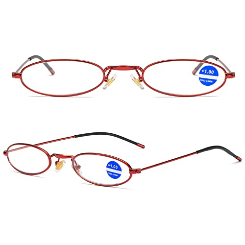 Lanomi Schmale Metall Lesebrille Blaulichtfilter Oval Dünn Rahmen Mini UV400 Schutz Lesehilfe Sehhilfe Damen Herren Retro Computer Brille mit Tube Etui Rot 2.0 von Lanomi