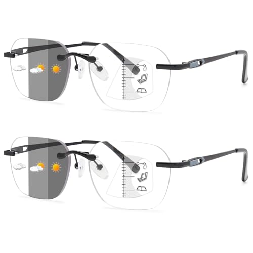 Lanomi Selbsttönende Gleitsichtbrille Rahmenlose Herren Damen Photochrome Progressive Multifokale Lesebrille Randlos Multifokalbrille mit Sehstärke 2 Stück Schwarz 2.0 von Lanomi