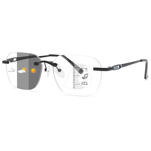 Lanomi Selbsttönende Gleitsichtbrille Rahmenlose Herren Damen Photochrome Progressive Multifokale Lesebrille Randlos Multifokalbrille mit Sehstärke Schwarz 1.0 von Lanomi
