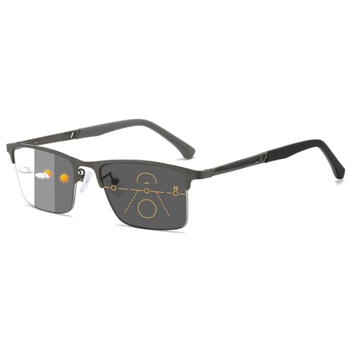 Lanomi Selbsttönende Halbrahmen Gleitsichtbrille Herren Damen Blaulichtfilter Metall Rechteck Photochrome Progressive Multifokal Gleitsicht Lesebrille mit Grau Selbsttönende Linse Grau 3.0 von Lanomi