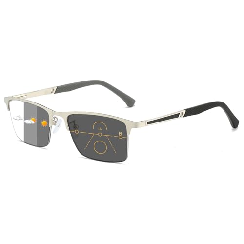 Lanomi Selbsttönende Halbrahmen Gleitsichtbrille Herren Damen Blaulichtfilter Metall Rechteck Photochrome Progressive Multifokal Gleitsicht Lesebrille mit Silber Selbsttönende Linse Silber 2.5 von Lanomi