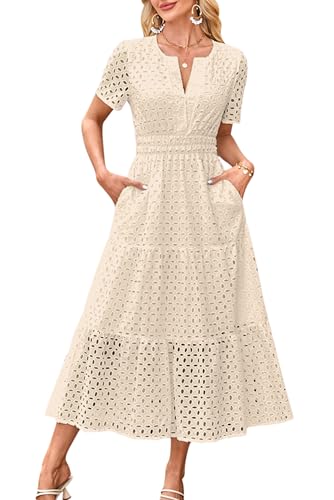 Lanomi Sommerkleid Damen Baumwolle Kurzarm Maxi Kleid V-Ausschnitt Lang Lochstickerei Maxikleid Leicht A Linie Freizeitkleid mit Taschen Beige M von Lanomi